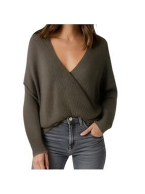 8 Red Butterflies Plunge V Olive Green Ribbed Cross Over Sweater Size m